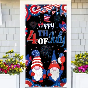 Detail of Independence Day door banner featuring gnomes and fireworks on a white door