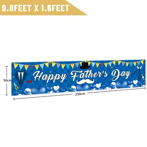 Father's Day blue plaid banner with tie and beard icons measuring 9.8ft x 1.6ft