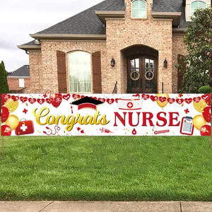 Detail of Congrats Nurse banner with medical icons like stethoscope on a green lawn
