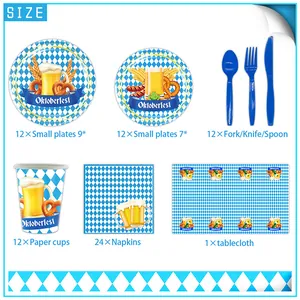 Oktoberfest servies set voor 12 personen met blauw-witte ruiten en pretzels