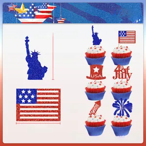 Detailed view of July 4th cupcake toppers with USA flag and statue of liberty designs