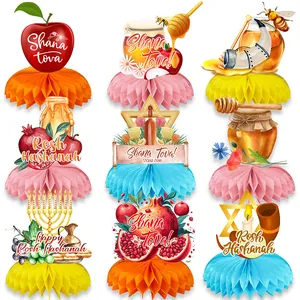9-teiliges Rosch-Haschana-Waben-Tischdeko-Set mit Schofar- und Honigapfel-Designs