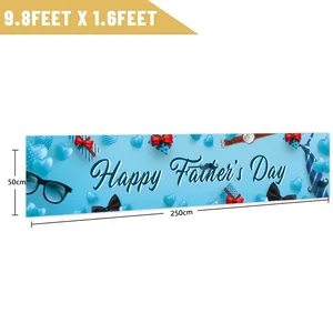 Blue Father's Day party banner with size 250x50cm showing tie and gift icons