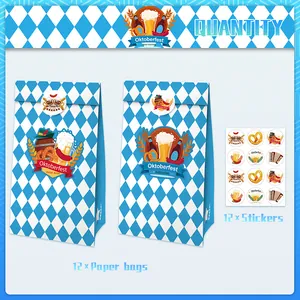 Oktoberfest-Party-Set mit 12 blau-weißen Papiertüten und passenden Festaufklebern