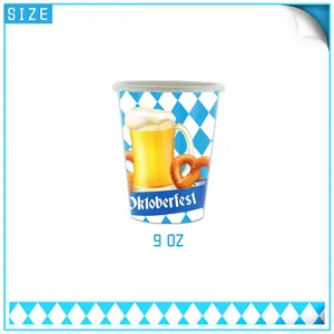 9 OZ wegwerp papieren beker voor Oktoberfest met blauw-wit ruitpatroon en illustratie