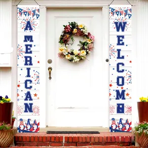 Close-up of American patriotic gnome banners on a white front door for Independence Day