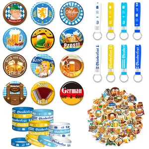 Juego de Decoración de Fiesta Oktoberfest Pines de Hojalata Pulseras de Silicona Llaveros de Metal Pegatinas Impermeables para Celebración
