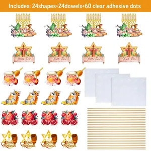 24-teiliges Rosch-Haschana Deko-Set mit Motivkarten, Holzstäbchen und Klebepunkten