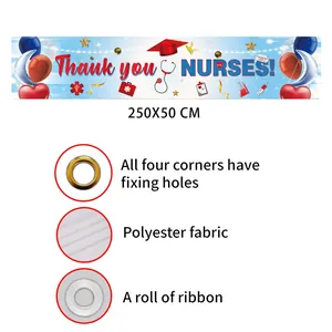 Detail of Thank you NURSES banner with medical icons, polyester fabric and corner grommets