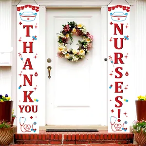 Close-up of Thank You Nurses porch banners with medical icons on a white front door