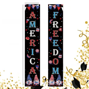 Vertical Independence Day porch signs with America and Freedom lettering and patriotic gnomes