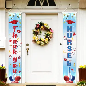 Outdoor porch decor with Thank You Nurses vertical banners on white entrance door