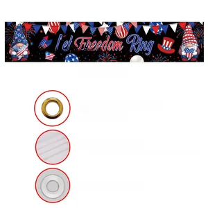 Detailed view of polyester Independence Day banner with metal grommets and hanging ribbon