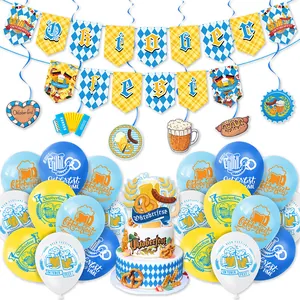 Oktoberfest Party Decorations Set Blue Yellow Checkered Banner Cake Topper Hanging Swirls Beer Festival Balloons For Theme Party