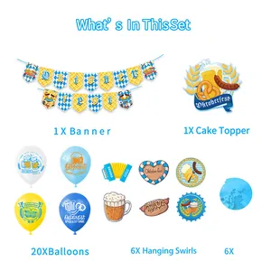Complete Oktoberfest party decoration set with banner cake topper balloons and hanging swirls