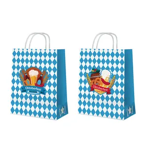 Oktoberfest Paper Gift Bags Bavarian Blue White Lozenge Design Kraft Paper Handbags For Beer Festival Party Decoration