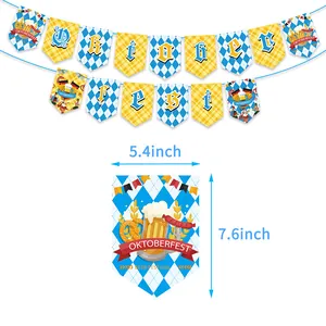 Oktoberfest party banner set with blue diamond patterns and beer festival illustrations