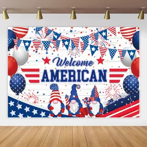 Detail of Independence Day backdrop featuring red white blue balloons and patriotic gnomes