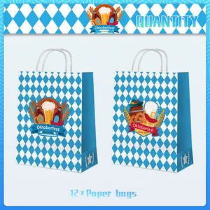 Set of 12 Oktoberfest paper gift bags with Bavarian blue and white diamond pattern