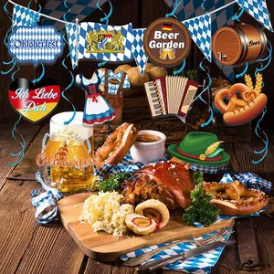 Oktoberfest party decoration kit with blue swirls and Bavarian motifs on wooden table