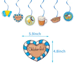 Oktoberfest party decorations set featuring blue hanging swirls and cartoon paper cutouts
