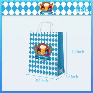 Blue and white checkered Oktoberfest paper gift bag with handles measuring 8.1x6.2x3.1 inches
