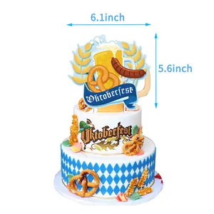 Oktoberfest cake topper set with beer and pretzel designs, dimensions 6.1 x 5.6 inches