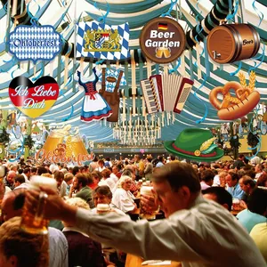Oktoberfest party decoration kit with Bavarian banners, beer mugs, and festive hanging swirls