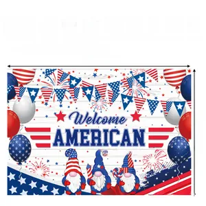 Close-up of Independence Day backdrop featuring American flag gnomes and fireworks pattern