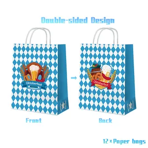 12-pack Oktoberfest party gift bags with double-sided blue checkered design and handles