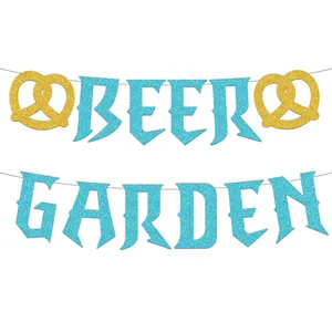 Oktoberfest Beer Garden Banner Glitter Blue Gold Party Decorations Pretzel Garland For German Beer Festival Celebration