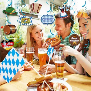 Oktoberfest party decoration kit with Bavarian blue and white swirl streamers and hanging cards