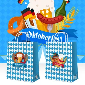 Oktoberfest paper gift bags with Bavarian blue diamond pattern and festive illustrations