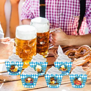 Set de envoltorios para cupcakes de Oktoberfest con rombos azules y pretzels