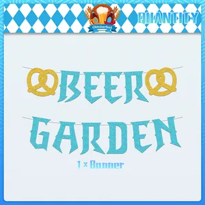 Blue glitter Beer Garden banner with gold pretzel accents for Oktoberfest party decor
