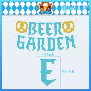 Blue glitter Oktoberfest Beer Garden banner with gold pretzel for party decor