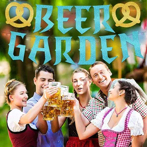 Glitter blue Beer Garden banner with gold pretzel decor for Oktoberfest party theme