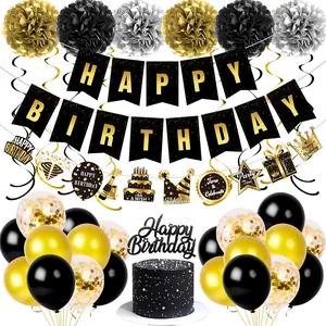 Black and gold birthday party set with banner, paper pom poms, balloons and cake toppers
