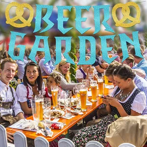 Glittering Beer Garden banner for Oktoberfest party decorations in an outdoor garden setting