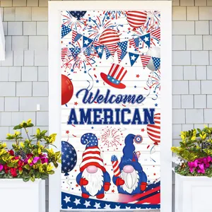 Detail of Independence Day door cover banner with patriotic gnomes and festive fireworks