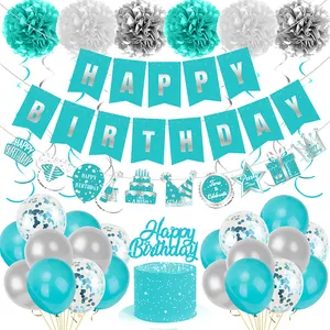 Teal and silver birthday party set with banners, paper flowers, swirls and balloons