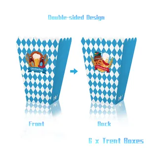 6-pack Oktoberfest treat boxes with blue Bavarian diamond pattern and party graphics