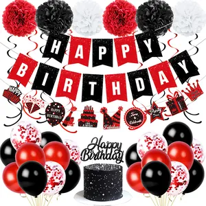 Birthday party decoration set with red black and white balloons banners and cake toppers