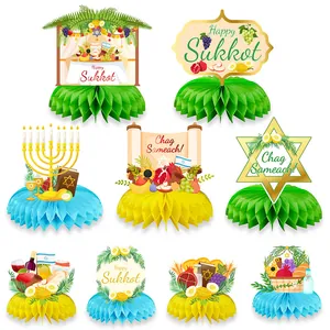 9-piece Happy Sukkot honeycomb centerpieces with Star of David and traditional plant motifs