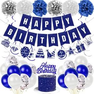 Blue and silver birthday party set with banner, paper balls, balloons and cake topper