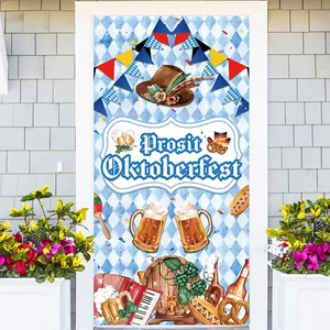 Oktoberfest door banner with Bavarian blue-white patterns and traditional beer festival icons