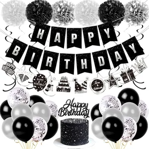 Detailed set of black and silver birthday decorations with banners, balloons and paper pom poms