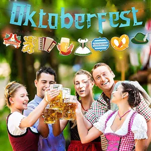 Kit décoration fête Oktoberfest avec bannières pailletées bleues et suspensions bavaroises