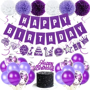 Purple birthday party decorations set with banners, paper pom-poms, and latex balloons