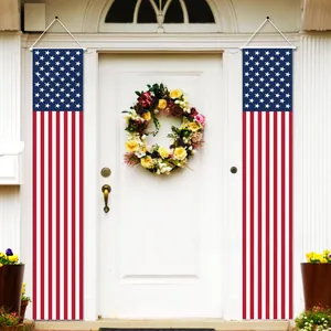 Independence Day vertical banners with American flag stars and stripes on a white door